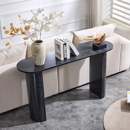 55" Console Table for Entryway, Narrow Sofa Entrance Table with Faux Mars Marble Pattern, Modern Sofa Tables with Rounded Curved Edges for Living Room, Hallway, Foyer, Home Office, Black