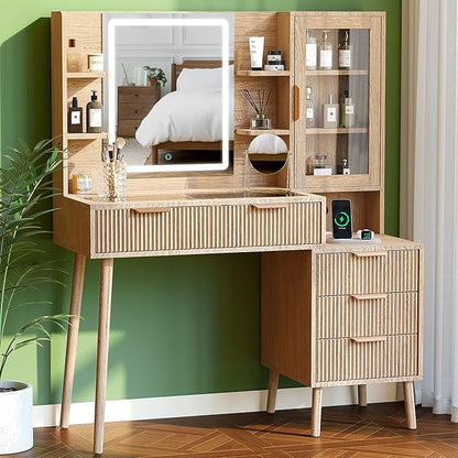 Fluted Makeup Vanity with Mirror and Lights,5 Drawers Glass Top Vanity Desk with Glass Door Cabinet,Power Outlet,6 Shelves,9-Grid Organizer,Lighting Adjustable Dressing Table,Natural Oak