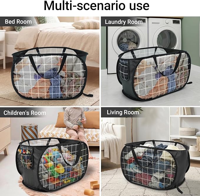Collapsible Laundry Baskets with Side Pocket, Mesh Pop Up Clothes Hamper for Laundry, Foldable Laundry Basket Storage Hamper with Reinforced Handles for Clothes, Toys, Home, Dorm -Grid Print, Black