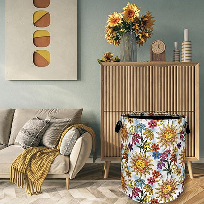 Colorful Hippie Peace Flowers Laundry Basket Foldable With Handles Tote Bag Oxford Cloth Funny Laundry Hamper Clothes Storage Bucket Toy Organizer For Bathroom/Laundry/Bedroom 18.9"x16.5 "