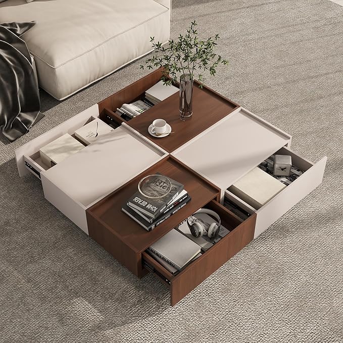 Coffee Table with Storage,Modern Center Table with 4 Hidden Drawers for Living Room,Rectangle Coffee Table for Home Furniture,Bedroom,Beige Gray and Dark Walnut