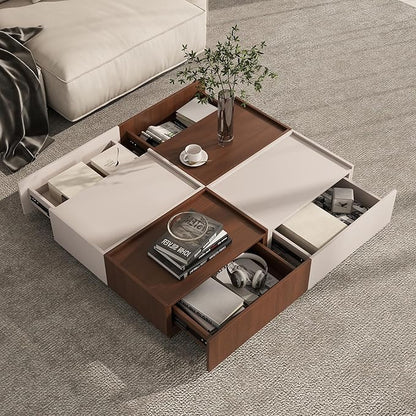 Coffee Table with Storage,Modern Center Table with 4 Hidden Drawers for Living Room,Rectangle Coffee Table for Home Furniture,Bedroom,Beige Gray and Dark Walnut