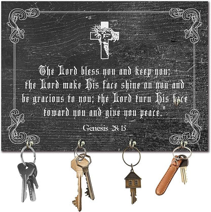 11" x 8" Black Vintage Wood Wall-Mounted Key Holder - Genesis - with 4 Metal Hooks for Easy Hanging, Suitable for farmhouses, Homes, bedrooms, Wall Decorations & Gifts (1 Pcs) - A14