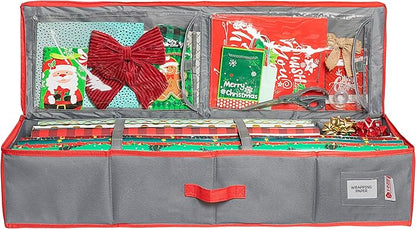 HOLDN' STORAGE Premium Wrapping Paper Storage Container - Durable 600D Tear-Proof, Fits 27 Rolls Gift Wrap, Extra Pockets for Ribbons & Bows, Underbed Storage - Ideal for Holiday Christmas, Grey/Red Trim