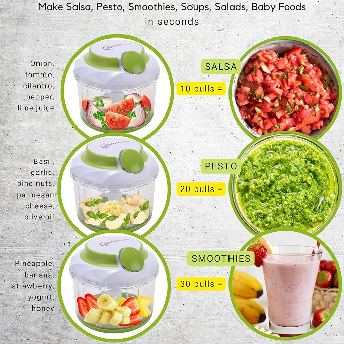 Brieftons QuickPull Manual Food Chopper: Large 4-Cup Powerful Hand Pull Chopper/Mincer/Mixer Blender to Chop Onion, Garlic, Vegetables, Fruits, Herbs for Salsa, Salad, Pesto, Puree, Indian Cooking