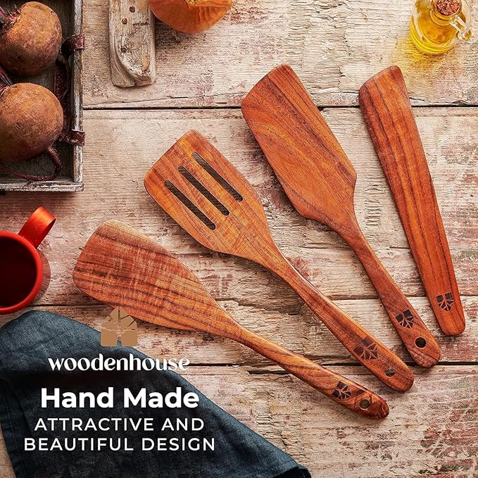 Wooden Spatula for Cooking, Teak Spatulas for Kitchen Use - Wooden Cooking Utensils Set of 4 including Paddle, Turner, Slotted Spurtle and Wood Scraper. Nonstick cookware.