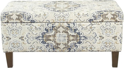 HomePop Ottomon Upholstered Rectangular Storage Ottoman Bench with Hinged Lid, Antiqued Medallion Print Ebony and Cream