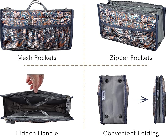 Vercord Purse Organizer Insert for Handbags Bag Organizers Inside Tote Pocketbook Women Nurse Nylon 13 Pockets Splash Wave Small