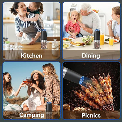 UNNEES Gravity Electric Salt and Pepper Grinder, Automatic Salt And Pepper Grinder, Adjustable Roughness, Battery Powered, LED Light, 1 Pack, (Black)