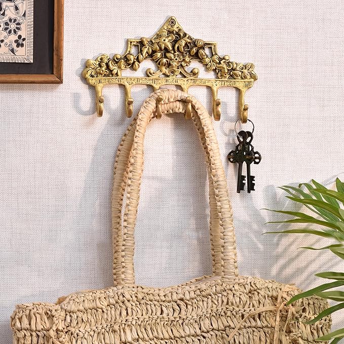IndianShelf Gold Vintage Wall Hooks for Keys- Boho Key Holder Wall Mount - Coat Rack - Victorian Brass Coat Hooks- Decorative Key Hanger - Antique Shabby Chic Hat Rack- Towel Hooks for Bathrooms