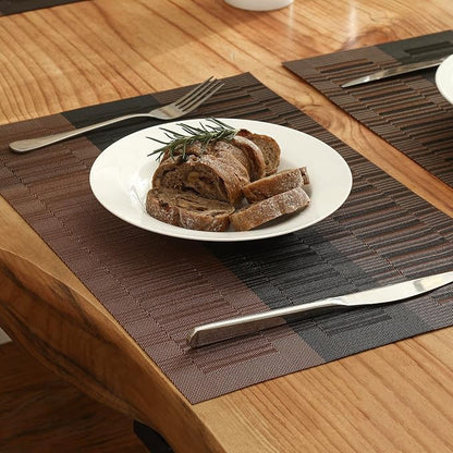 Leetaltree Brown with Black Striped Placemats Set of 8 - Heat Resistant Non-Slip Place mats for Dining Table, Washable Durable PVC Vinyl Woven Table Mats（Brown Stripe, 8）