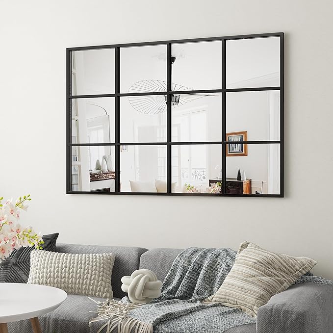 Metal Window Mirror Oversize, 47'' x 32'' Large Decorative Wall Mirror, Mirror Window for Wall Decor, Grid Wall Mirror for Living Room, Bedroom, Entryway, Matte Black
