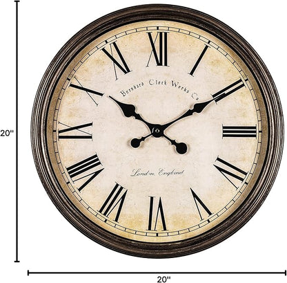 Bernhard Products Large Decorative Wall Clock 20 Inch Silent Non Ticking Battery Operated Quartz Vintage Stylish with Rustic Dark Brown Rim for Home Living/Dining Room Kitchen & Over Fireplace