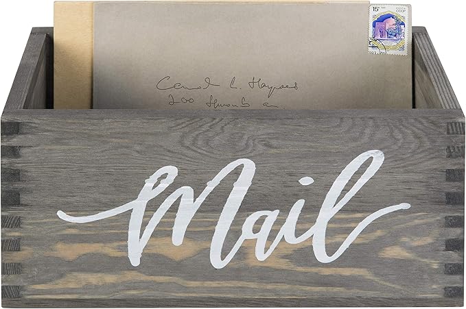MyGift Mail Holder Storage Organizer Box Solid Wood with MAIL Script Design, Desktop Letters, Bills, Notes and Postcard Bin for Home Office Dorm Room (Vintage Gray)