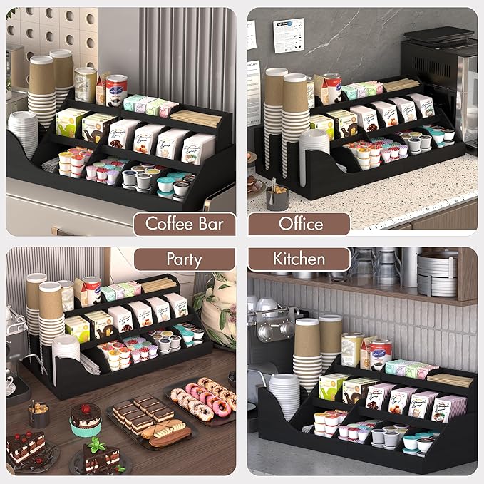 Suli Exact Large Coffee Station Organizer,Wooden Countertop Pods Holder with Drawer for Condiment Syrup Tea Cups for Lobbies,Breakroom,Office,Rustic Bar Decor for Accessories Organizer,3 Tiers -Black
