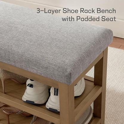 Shoe Rack Bench with Cushion, 2 Tier Solid Wood Storage Bench, Mid-Century Modern Shoe Bench for Entryway, Hallway, Closet, Front Door Entrance, Foyer (Grey, 31.5")