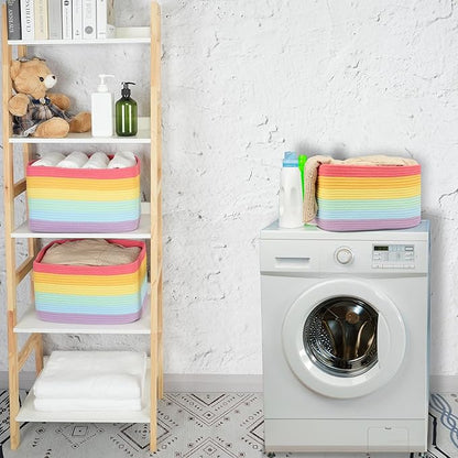 3-Pack Rainbow Storage Baskets 15X10X9.3“ – Woven Toy Organizer Bins for Kids, Baby Room, Nursery, and Classroom – Cute Square Rope Baskets for Shelves and Organization Rainbow