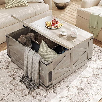 Jocoevol Farmhouse Lift Top Coffee Table, Square Wood Center Table with LED Lighting, USB-C Charging Station, and Hidden Storage Compartment - Rustic Grey Living Room Furniture