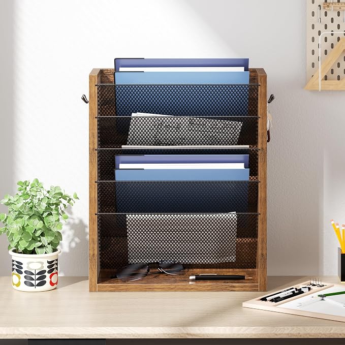 Creso hom Mail Organizer Wall Mounted, 6-Tier Wall File Organizer with 2 Hooks, Wooden Desk Organizer Magazine Holder with Bottom Flat Tray, for Office Home, Rustic Brown
