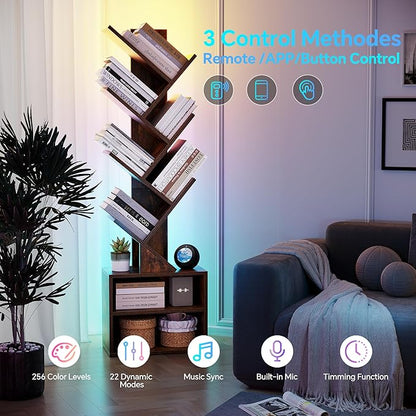 SUNMORY 6 Tier Tree Bookshelf with Lights, LED Book Tree Bookcase with Storage Organizer, Small Corner Bookshelf Floor Standing Book Shelf for Living Room, Bedroom & Home Office