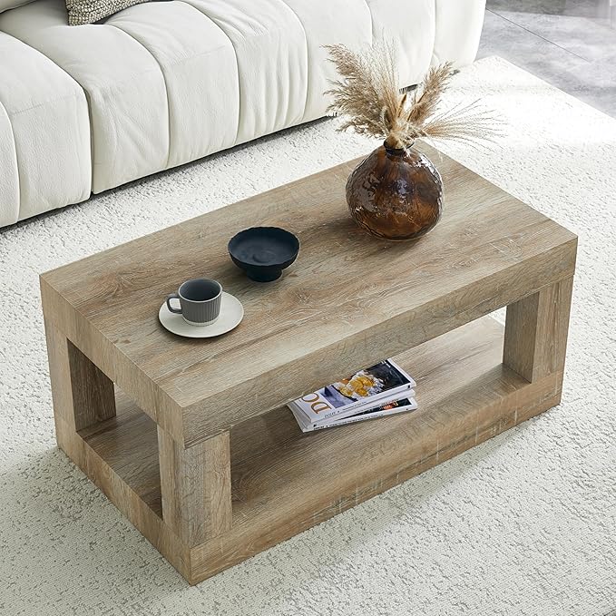 LKTART 39.37" Coffee Table with Storage, 2-Tier Mid Century Rectangular Accent Table with Thick Tabletop, Rustic Style Cocktail, Center Table for Living Room, Office, Apartment (Antique Natural)