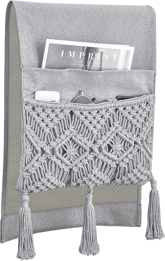 Mkono Macrame Couch Organizer Remote Control Caddy Sofa Armrest Armchair Bedside Storage Holder Bag for TV Remote, Magazine, Books, Cell Phone, iPad, Boho Living Room Home Dorm Decor, Grey
