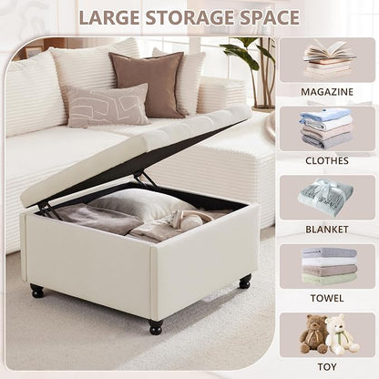 Weture 30 Inch Large Square Storage Ottoman Coffee Table, Oversized Square Ottoman with Storage, Tufted Upholstered Coffee Tables for Living Room (Fabric, Beige)