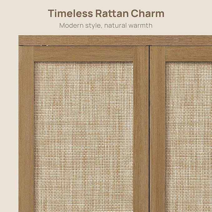 SICOTAS Rattan Sideboard Storage Cabinet - Boho Credenza Coffee Bar Cabinet with Doors & Adjustable Shelves, Large Farmhouse Buffet Console Table for Living Room, Kitchen, Entryway, Amber Oak