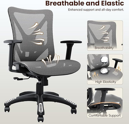 Ergonomic Office Chair, Mesh Computer Desk Chairs with Adjustable Lumbar Support, 3D Armrests, Tilt Function, Comfy Wide Seat, Swivel Executive Work Task Chair for Company and Home