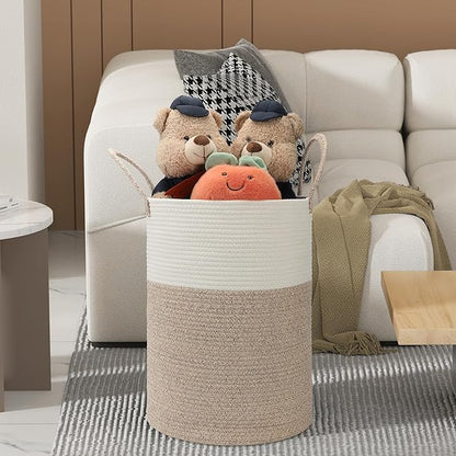 Eblog 58L Cotton Rope Laundry Basket (20"x15"), Woven Storage Basket for Laundry, Living Room, Nursery, Bedroom, Blankets (White/Brow)