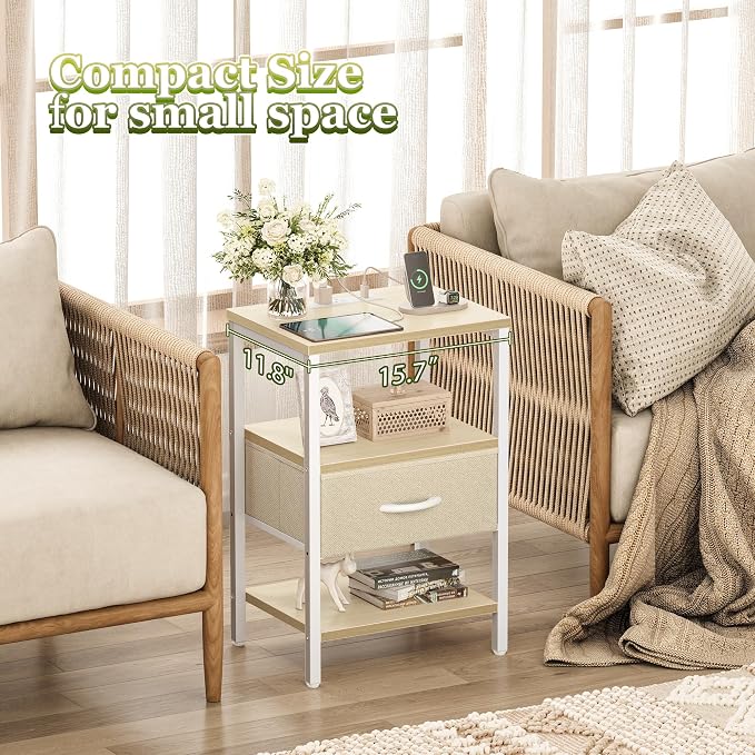 SUPERJARE Nightstand with Charging Station, Bed Side Table with Adjustable Fabric Drawer, Night Stand for Bedroom, 3-Tier Storage End Table, for Living Room, White Maple