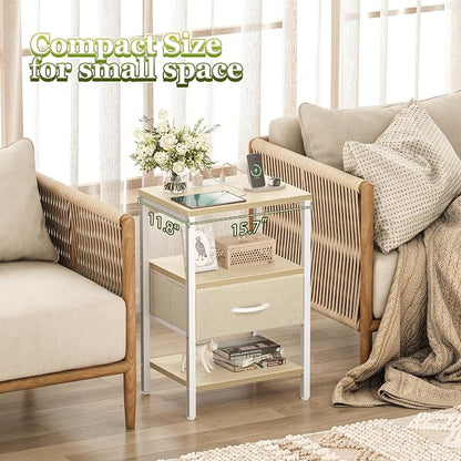 SUPERJARE Nightstand with Charging Station, Bed Side Table with Adjustable Fabric Drawer, Night Stand for Bedroom, 3-Tier Storage End Table, for Living Room, White Maple