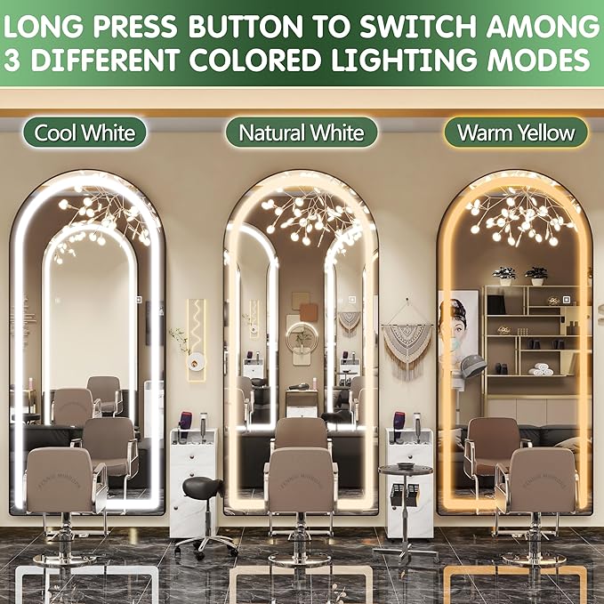 FENNIO Full Length Mirror with Lights, 80" x 36" LED Full Body Mirror, Free Standing Lighted Floor Mirror, Wall Mounted Hanging Mirror for Bedroom, Salon, Dimmable, 3 Color Lighting [Tempered Glass]