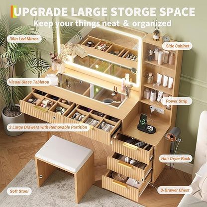 Vanity Desk with Mirror and Lights, 48" Makeup Vanity Table with 4 Drawers, 3-Shelves, Charging Station, Glass Top, 3 Color Modes & Adjustable Brightness, Modern Dressing Table Set for Bedroom - Oak