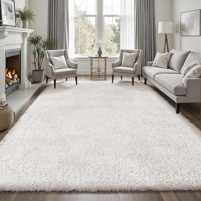 8x10 Area Rugs for Living Room Bedroom: White Soft Fluffy Shag Upgrade Non-Slip High Pile Carpet Large Fuzzy Plush Indoor Floor Decor Shaggy Rug for Kid Boys Girls Dorms Playroom Nursery Modern Home