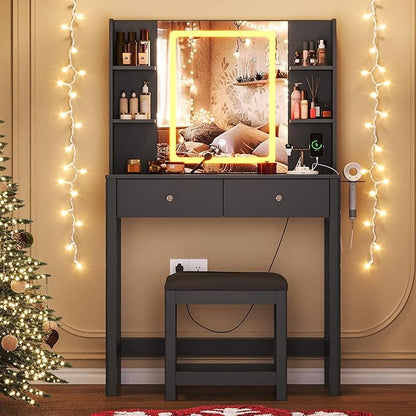 Vanity Desk with Mirror and LED Lights, Small Makeup Vanity Table Set with Drawers and Chair, Dressing Table with Power Outlet for Girls Bedroom, Black
