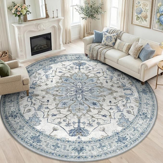 RELEANY Area Rugs Round 8ft Washable Non-Slip, Floral Vintage Distress Medallion Carpet for Living Room Bedroom Dining Room, Light Blue Navy Gray White