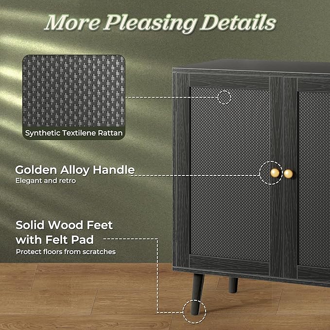 Huuger Buffet Cabinet with Storage, Storage Cabinet with PE Rattan Decor Doors, Accent Sideboard Buffet with Solid Wood Feet, for Hallway, Entry, Living Room, All Black