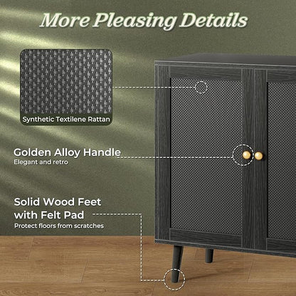 Huuger Buffet Cabinet with Storage, Storage Cabinet with PE Rattan Decor Doors, Accent Sideboard Buffet with Solid Wood Feet, for Hallway, Entry, Living Room, All Black