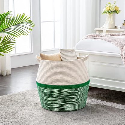 KAKAMAY Woven Baskets for Storage(17"x17"),Large Cotton Rope Woven Baby Laundry Hamper,Collapsible Laundry Basket, Blanket Basket for Organizing Living Room,Nursery,Pillows,Toy Chest(Green)