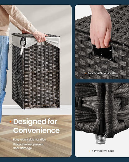 SONGMICS HOME Laundry Hamper with Lid, Clothes Basket with Removable Liner and Handles, 23.8 Gallon, Foldable Narrow Laundry Organizer for Bathroom, Bedroom, Dark Brown