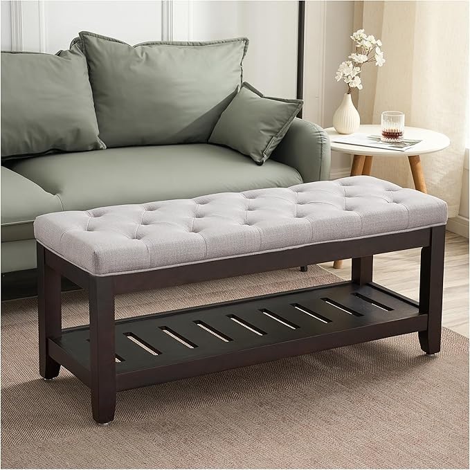 44" Ottoman Bench, Upholstered End of Bed Bench, Oversized Footrest with Wood Shelf torage Storage Bench for Bedroom, Entryway, Living Room, Light Grey
