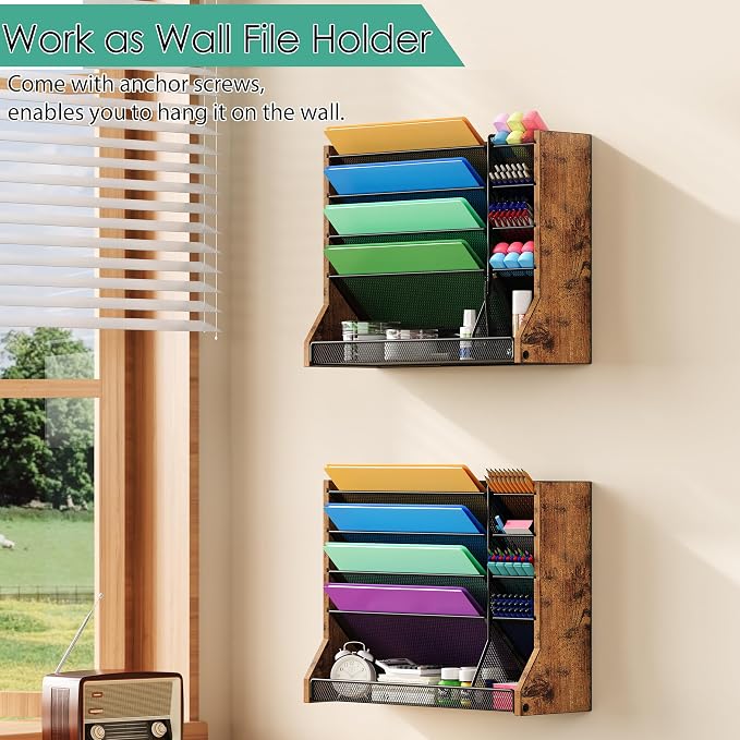 Jakyitvi Wall Desk File Organizer 5 Tiers, Ironwood Hanging File Organizer with R-shaped Tray, Wall File Holder for Office Home, 4 Pull-Out Divider and Pen Slots to Sort File,Mail,Newspaper,Pen, Brown