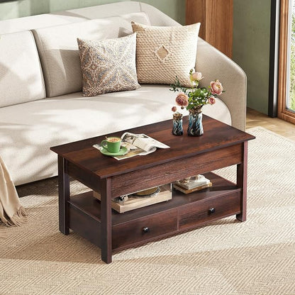WLIVE Coffee Table, Lift Top Coffee Table with 2 Drawers, Large Hidden Compartment and Open Storage Shelf, Lift Tabletop, Dining Table for Living Room, Espresso