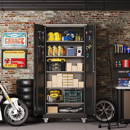 Garage Storage Cabinet with Wheels and Pegboard, 71" H x 32" W x 16" D Lockable Metal Storage Cabinet with 5 Adjustable Shelves and 2 Doors for Garage Home, Assembly Required, Black