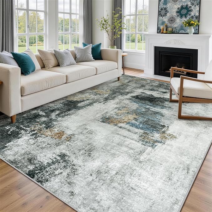6x9 Area Rugs for Living Room Rug Washable: Abstract Rug for Dining Room Bedroom Carpet Non Slip 6 by 9 Indoor Modern Nursery Home Office Black Gold