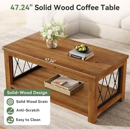 47.2" Solid Wood Coffee Table, Farmhouse Rectangular Center Table, 2-Tier Low Cocktail Tea Table, Rhomboid Metal Frame, Easy Assembly, for Living Room, Bedroom, Balcony & Office