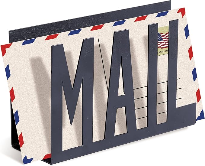 MyGift Mail Holder Organizer Countertop Modern Metal Black with Cutout MAIL Lettering Design, Office Desktop Envelope and Document Storage Rack