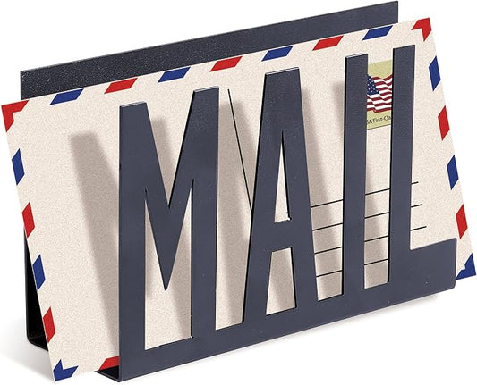 MyGift Mail Holder Organizer Countertop Modern Metal Black with Cutout MAIL Lettering Design, Office Desktop Envelope and Document Storage Rack