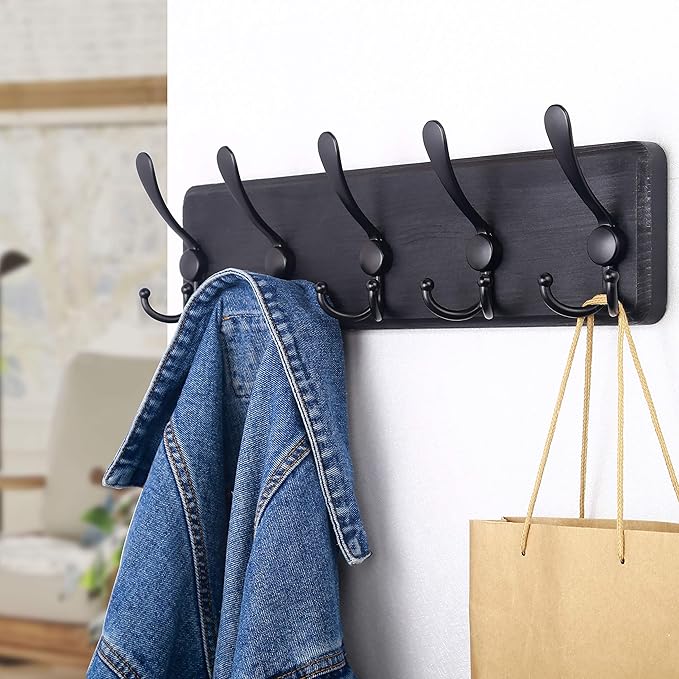SKOLOO Rustic Wall Mounted Coat Rack: 16" Stud Spacing, Pine Real Wood Plank Wall Coat Rack with 5 Triple Hooks, Farmhouse Coat Hanger Wall Mount for Hanging Backpack Jacket Coat Hat